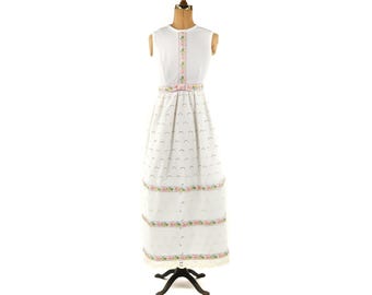 Vintage 60s White Sleeveless Babydoll Semi Sheer Eyelet Lace Long Maxi Dress XS