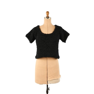 Vintage 90s Black Y2K Stripe High Waist Fuzzy Short Sleeve Crop Grunge Sweater L