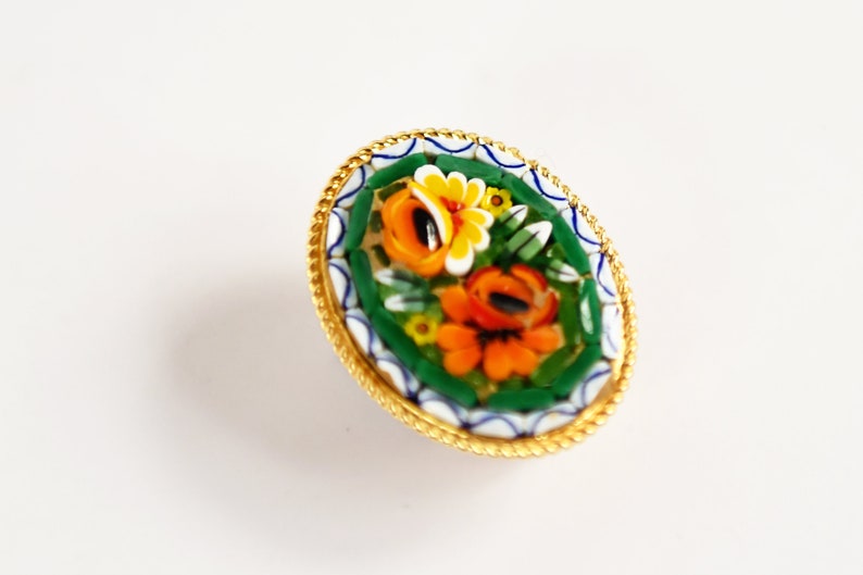 Vintage 50s 60s Italian Micro Mosaic Floral Round Oval Pin Brooch image 2