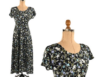Vintage 90s Black + Blue Floral Soft Rayon Empire Waist  Grunge Sleeveless Midi Shift Dress S