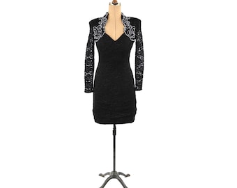Vintage 80s Semi Sheer Black Floral Lace Sequin + Beaded High Collar Cocktail Dress S