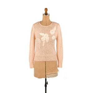 Vintage 80s Sheer Pastel Peach Satin Flowers Novelty Knit Puff Sleeve Sweater M