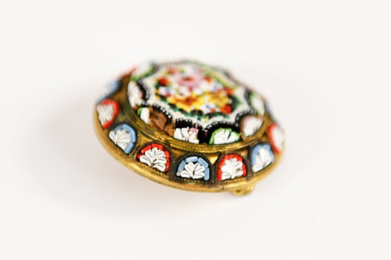Vintage 50s 60s Italian Micro Mosaic Floral Round Oval Pin Brooch image 6
