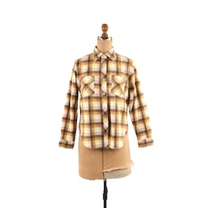 Vintage 70s Tan + Cream Brushed Cotton Rustic Plaid Flannel  Button Down Shirt Top M