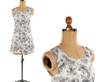 Vintage 90s White + Grey Rose Photo Floral Print Y2K Sleeveless Stretch Mini Dress S