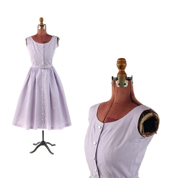 Vintage 1950's Lilac Pale Purple Gingham Crisp Cotton Rockabilly Full Skirt Party Dress M