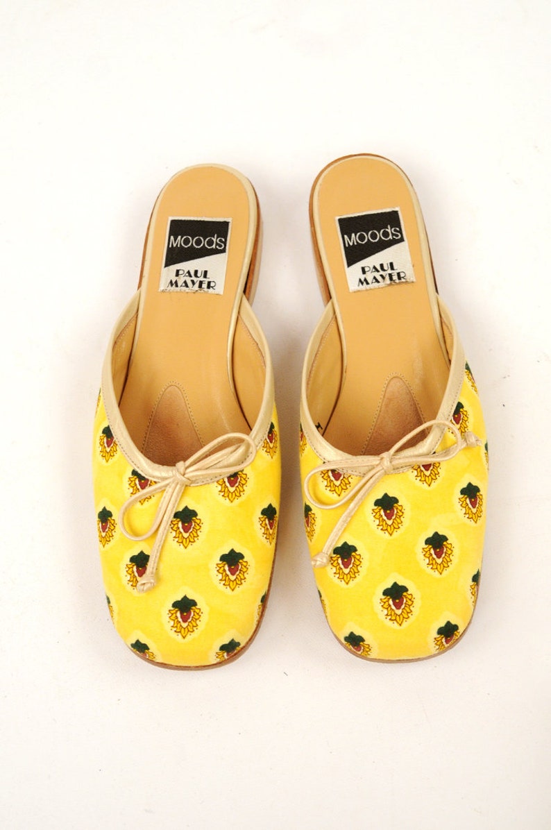 Vintage 1980/'s Bright Yellow Novelty Print Leather Slip On Summer Mule Shoes 8