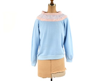 Vintage 80s Pastel Blue + Pink Crochet Chunky Knit Collar Slouchy Pullover Sweatshirt L