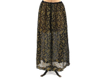 Vintage 20s Sheer Navy Blue Rayon Chiffon Metallic Gold Metal Floral Embroidered Art Deco Skirt