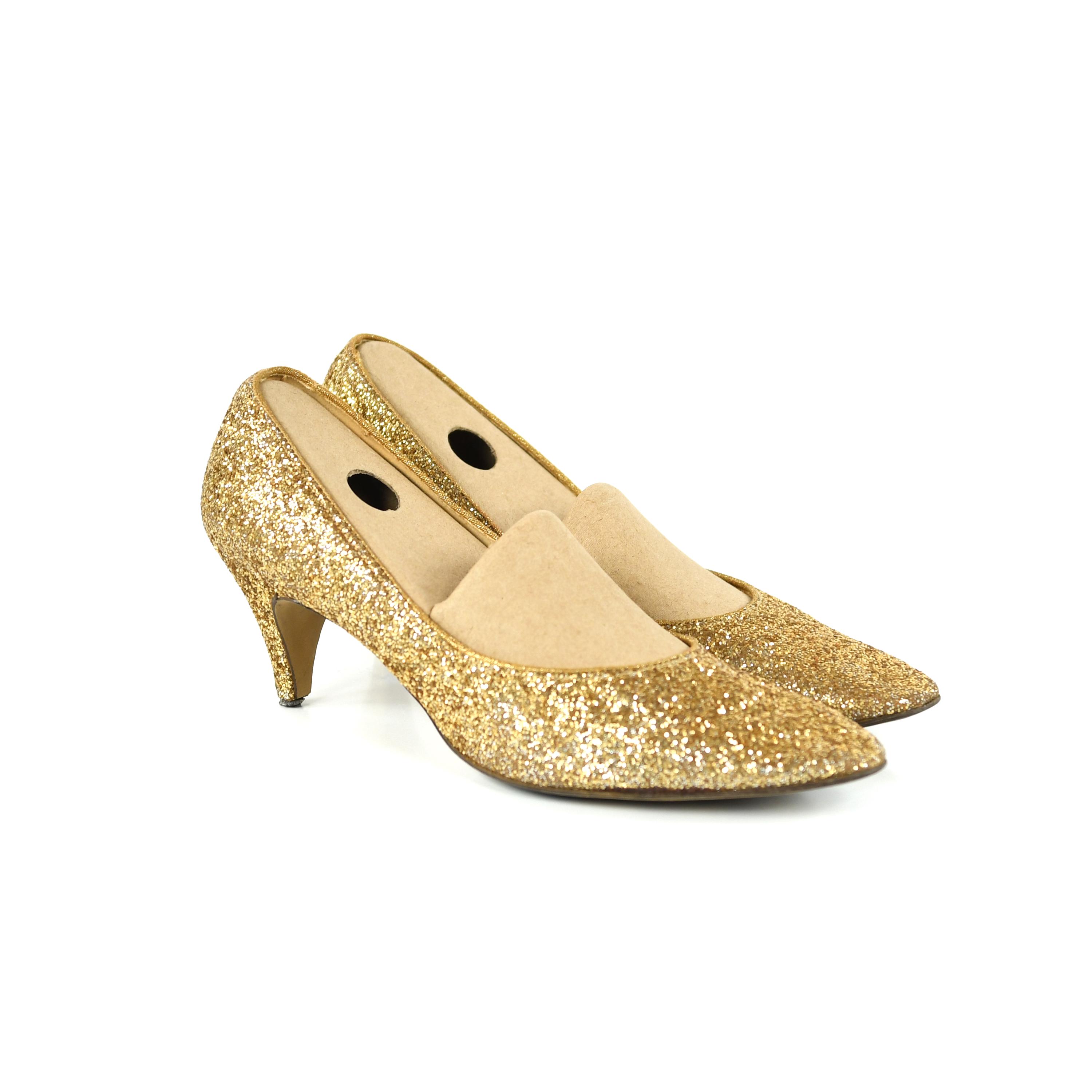 Vintage 80s Metallic Gold Glitter Kitten Heels Sparkly Retro Holiday Shoes 9
