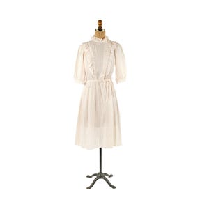 Vintage 70s 80s White + Red Pinstripe Ruffle Collar Asymmetrical Button Puff Sleeve Dress