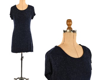 Vintage 90s Midnight Navy Blue Metallic Silver Dot Short Sleeve Mini Stretch Y2K Dress M