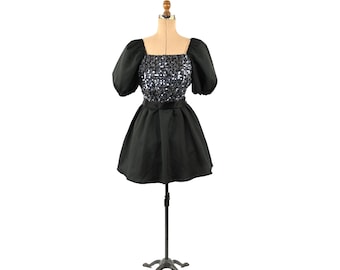 Vintage 80s Black + Silver Metallic Sequin Puff Sleeve Evening Mini Prom Party Dress S