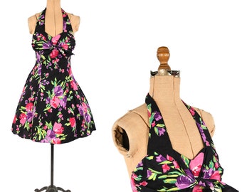 Vintage 80s Black Romantic Floral Cotton Sleeveless Halter Short Party Dress S M