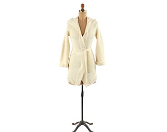 Vintage 70s Cream Chunky Cable Knit Long Cardigan Belted Waist Hooded Sweater S M