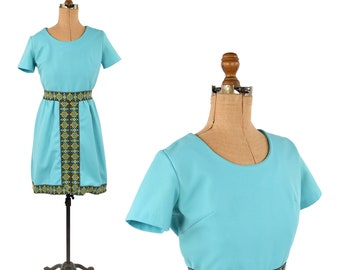 Vintage 60s 70s Aqua Blue Geometric Trim Short Sleeve Mod Retro Scooter Mini Dress M