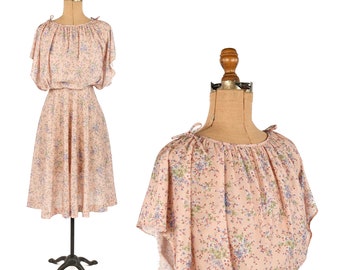 Vintage 70s Semi Sheer Pink Boho Floral Print Blouson Angled Sleeve Dress S