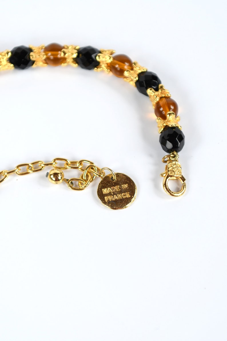 Black Beaded Statement Collar Necklace Vintage 50s 60s Monette of Paris Golden Amber