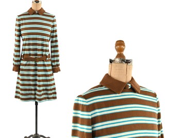 Vintage 70s Brown + Aqua Blue Stripe Preppy Retro Belted Shift Preppy Shift Dress S M