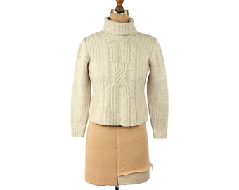 Vintage 80s 90s Cream Merino Wool Blend Chunky Cable Knit Turtleneck Cropped Sweater M