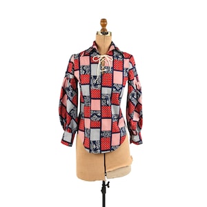 Vintage 70s Red White + Navy Blue Gingham Handkerchief Print Balloon Sleeve Blouse Top