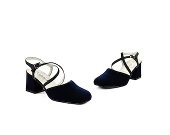 Vintage 90s Dark Navy Blue Velvet Y2K Babydoll Grunge Ankle Strap High Heel Shoes 8.5
