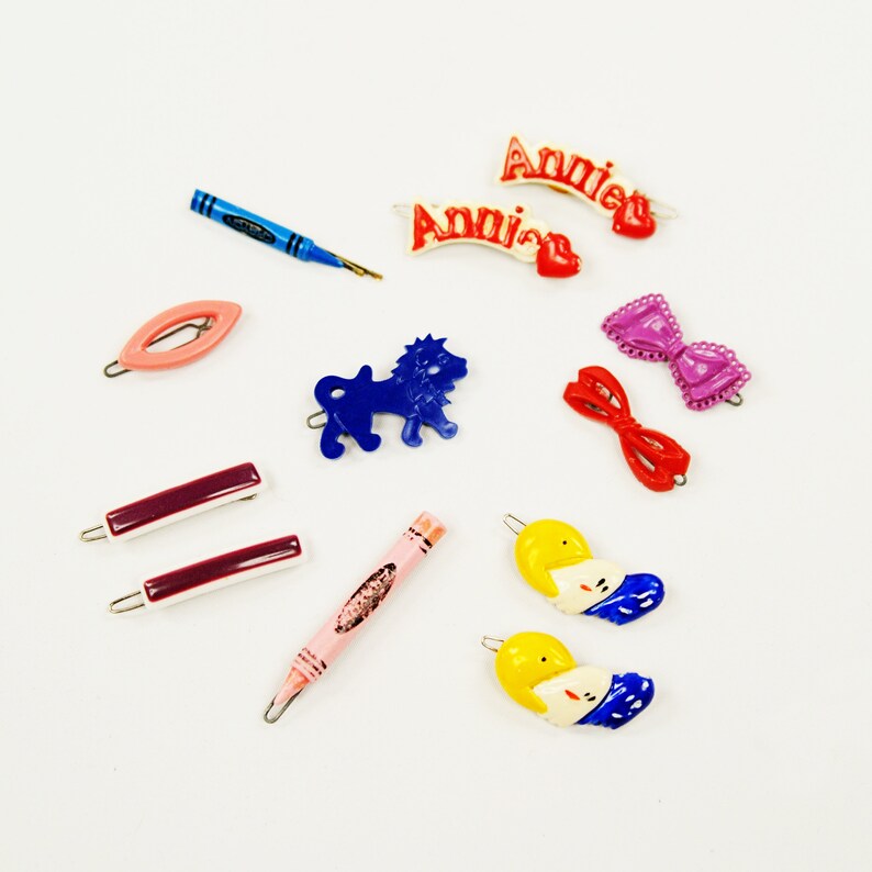 Vintage 80s Colorful Plastic PacMan Annie Bow Tie Crayon Kawaii Hair Barrette Clip Set