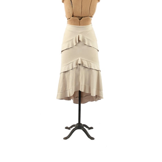 Vintage Y2K Faux Suede Ruffle Skirt: High Waist Tan Hi Low Hem