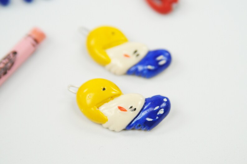Vintage 80s Colorful Plastic PacMan Annie Bow Tie Crayon Kawaii Hair Barrette Clip Set