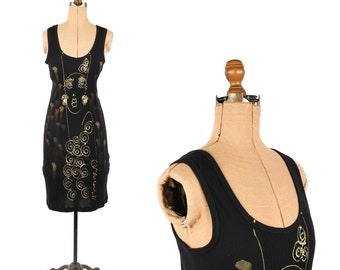 Vintage 90s Cesucci Black Tank Avant Garde Gold Painted Novelty Lady Shift Dress