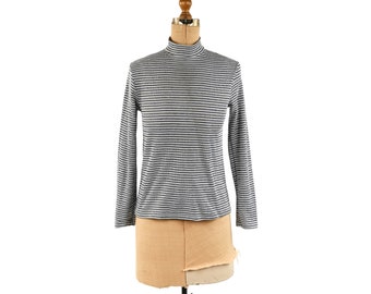 Vintage 70s Navy Blue + White Striped Preppy Fitted Knit Mockneck Longsleeve Shirt Top M L