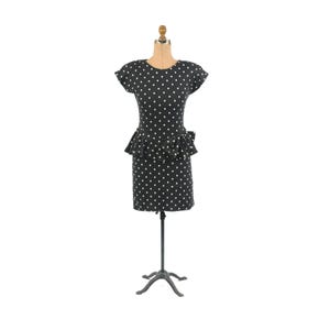 Vintage 80s Black + White Polka Dot Cotton Jersey Peplum Ruffle Cocktail Dress S