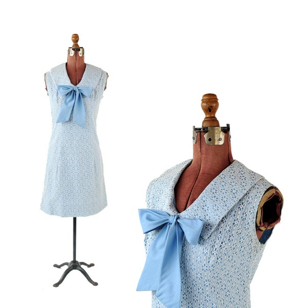 Vintage 1960's Pale Blue Sheer Floral Lace Sailor Bow Tie Mod Baby Doll Shift Dress S