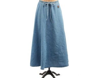 Vintage 80s 90s High Waist Denim Flower A Line Jean Cotton Midi Skirt M L