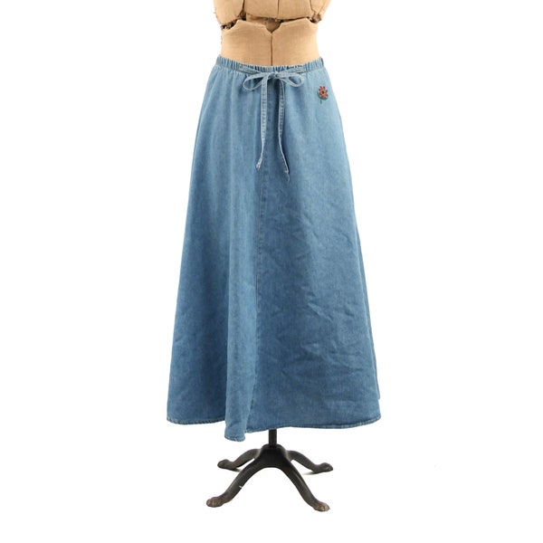 Vintage 80s 90s High Waist Denim Flower A Line Jean Cotton Midi Skirt M L