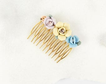 Accessorio per pettine per capelli romantico con fiore floreale in porcellana dorata vintage anni '80