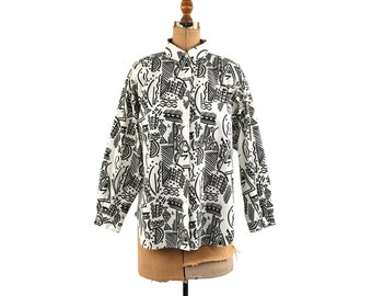 Vintage 80s Black + White Abstract Memphis Style  Novelty Print Button Down Shirt Top XL