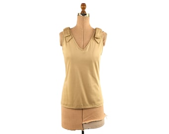 Vintage 80s Light Brown Tan Sleeveless Straight Cut Oversized Bow Tie Shoulder Tank Top L