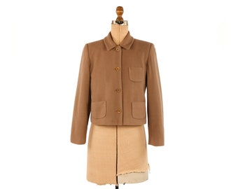 Vintage 90s Light Brown Soft Wool Blend Short Cropped Suit Box Blazer Jacket S