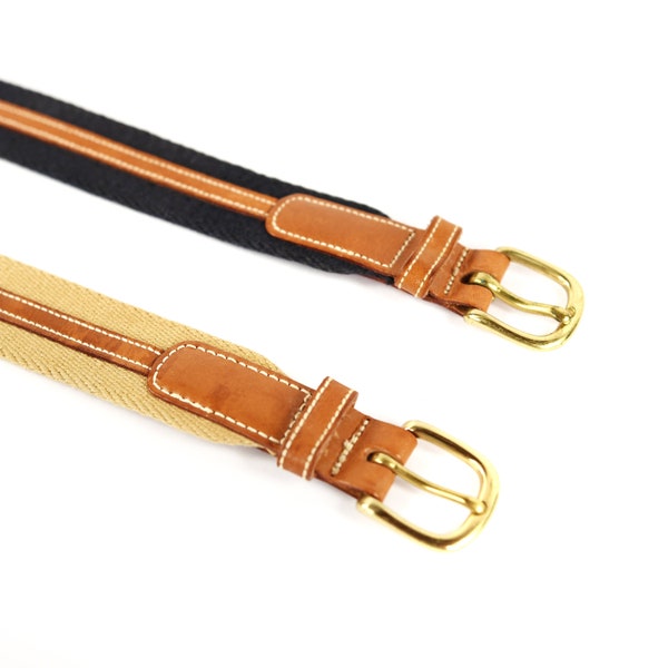 Vintage 80s Dooney & Bourke Warm Brown Leather Navy Blue Tan Cotton Twill Preppy Belt