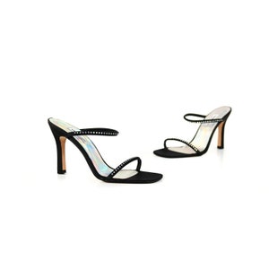 Vintage 90s Black Square Toe Strappy High Heel Y2k Rhinestone Cocktail Shoes 9