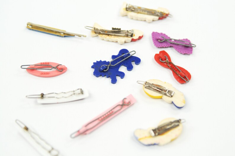 Vintage 80s Colorful Plastic PacMan Annie Bow Tie Crayon Kawaii Hair Barrette Clip Set