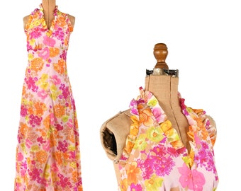 Vintage 70s Semi Sheer Pink Ruffle Floral Print Empire Waist Sleeveless Halter Maxi Dress S