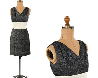 Vintage 60s Sleeveless Black + White Metallic Silver Lurex Mini Mod Party Dress M