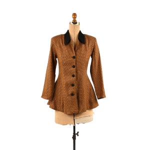 Vintage 80s Orange + Black Houndstooth Silver Metallic Peplum Blazer Button Down Blouse Shirt M