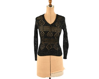 Vintage 70s Lurex Knit Sweater: Semi Sheer Eyelet V Neck Pullover