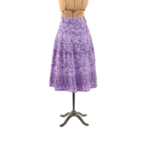 Vintage 70s Purple India Cotton Floral Novelty Print High Waist Circle Wrap Boho Skirt M