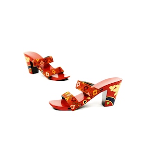 Vintage 40er 50er Rot Lackiertes Holz Gold bemalt Floral Neuheit Schieber Souvenir Schuhe 6