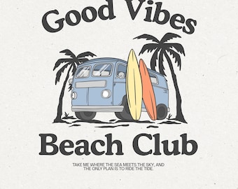 Good Vibes Beach Club png, retro Beach Van Summer Surf T-shirtontwerp (digitale download)