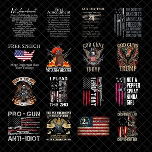 Könnte beinhalten: Eine Sammlung von Grafiken auf schwarzem Hintergrund mit Text und Illustrationen zum Thema Zweiter Zusatzartikel, Schusswaffen und politische Aussagen. Designs umfassen Flaggen, Waffen und patriotische Themen.